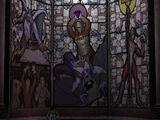 The Sarafan Stronghold's stained glass window depicting the murder of Janos