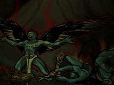 A mural in the Subterranean Pillars Chamber showing the winged race afflicted with the curse
