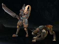 A sword-wielding Demon Hunter with an Attack Dog in Soul Reaver 2